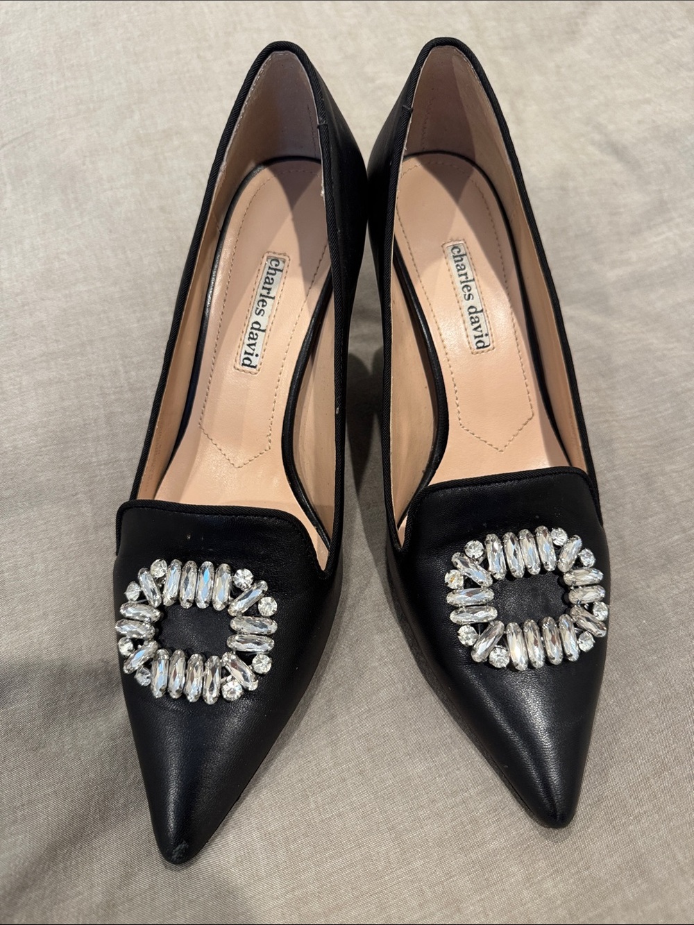 Charles David Black Pointed-Toe Pumps with Crystal Buckle